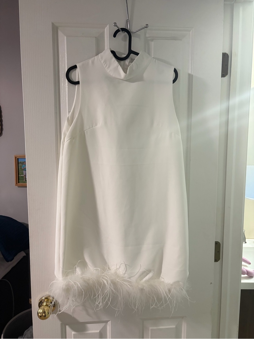 White Sleeveless Shift Dress with Feather Hem